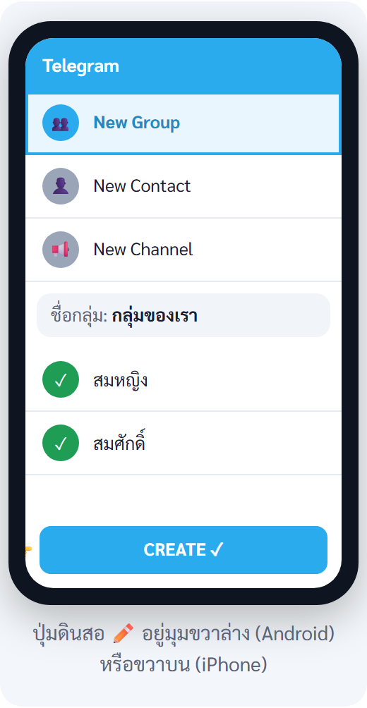 ขั้น 3 — สร้างกลุ่ม — New Group → เลือกเพื่อน → Create