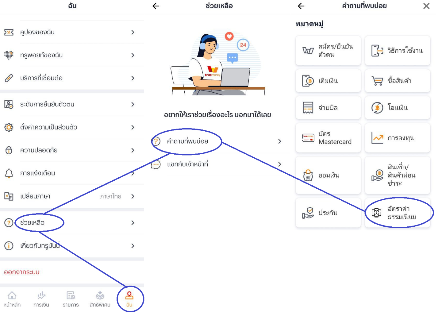 เมนู ฉัน → ช่วยเหลือ → คำถามที่พบบ่อย → อัตราค่าธรรมเนียม