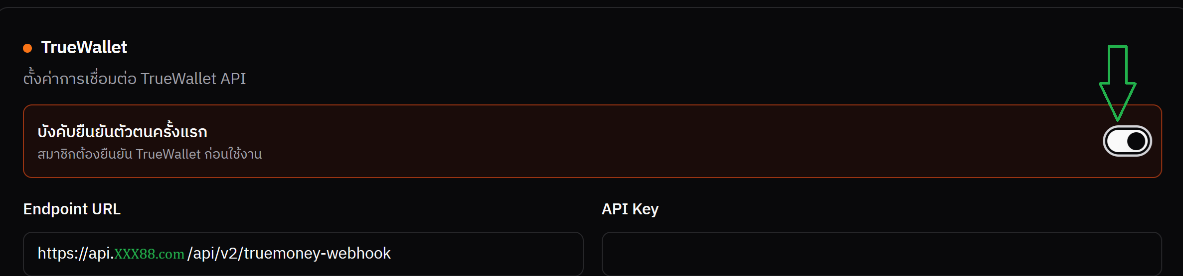 ตั้งค่า TrueWallet ใน Panel — Endpoint URL + บังคับยืนยันตัวตนครั้งแรก